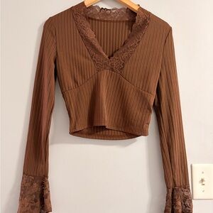 Brown Lace Trim V-Neck Women's Top